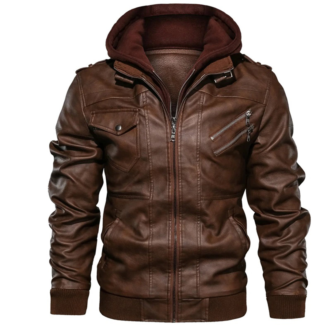 Herrjacka – Slim fit – Läder – Huva – Dragkedjefickor – Epåletter – Ribbad kant