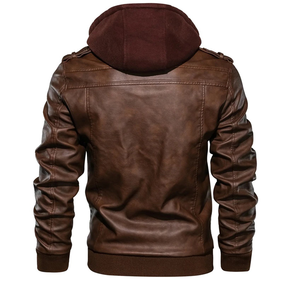 Herrjacka – Slim fit – Läder – Huva – Dragkedjefickor – Epåletter – Ribbad kant