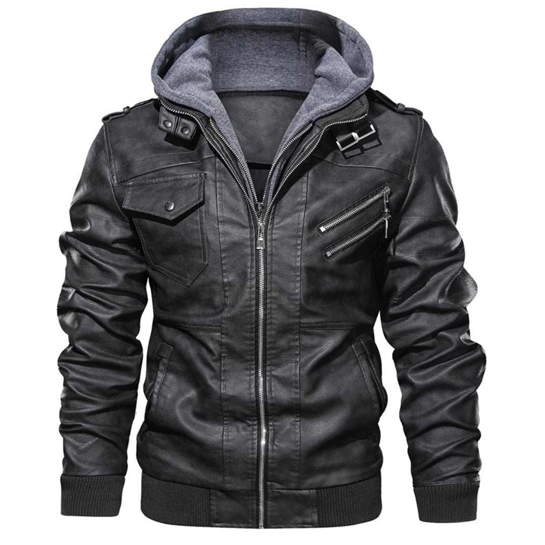 Herrjacka – Slim fit – Läder – Huva – Dragkedjefickor – Epåletter – Ribbad kant