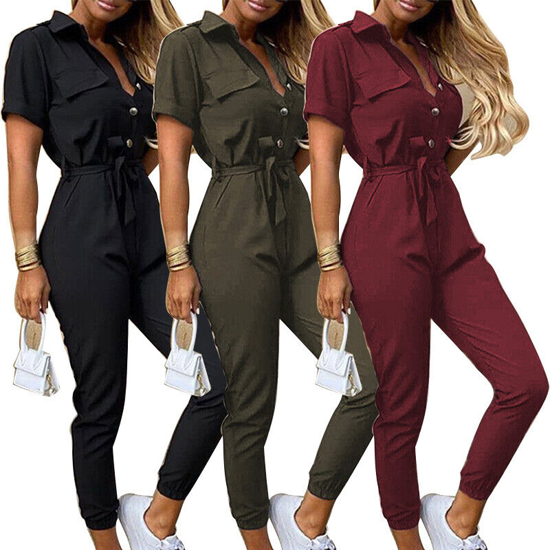 Dam Jumpsuit - Randig med Kort Ärmar - Skjortkrage & Midjebälte - Knäppning