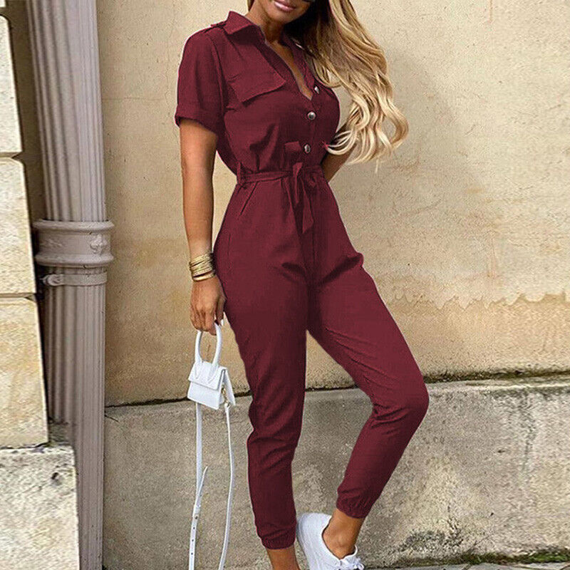 Dam Jumpsuit - Randig med Kort Ärmar - Skjortkrage & Midjebälte - Knäppning