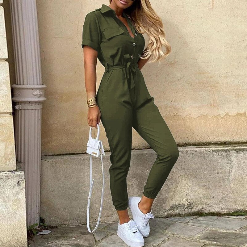 Dam Jumpsuit - Randig med Kort Ärmar - Skjortkrage & Midjebälte - Knäppning