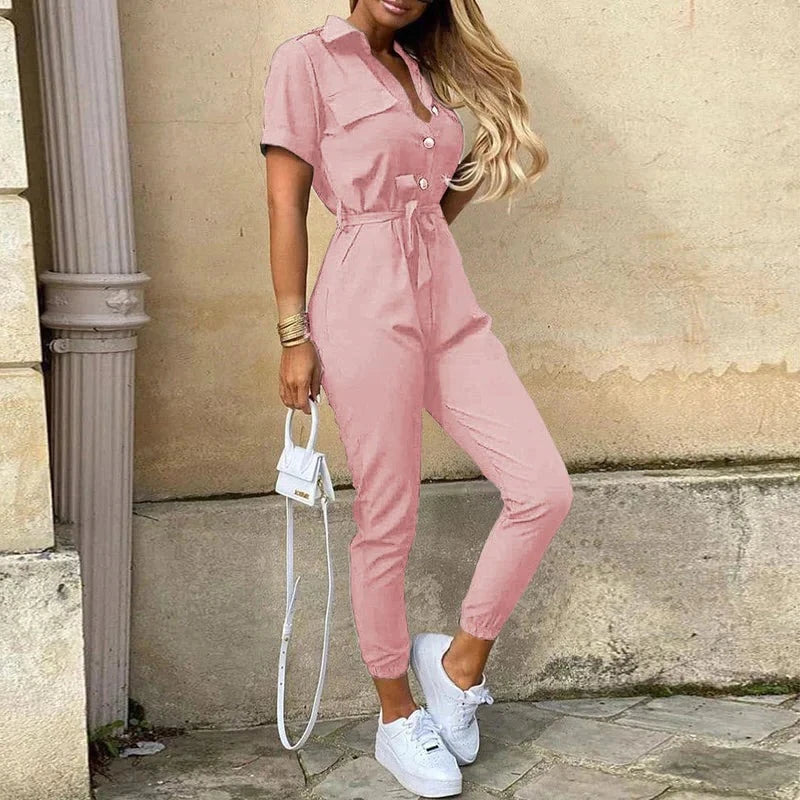 Dam Jumpsuit - Randig med Kort Ärmar - Skjortkrage & Midjebälte - Knäppning