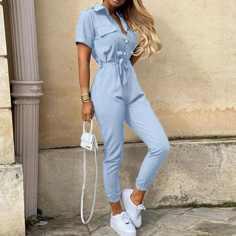 Dam Jumpsuit - Randig med Kort Ärmar - Skjortkrage & Midjebälte - Knäppning
