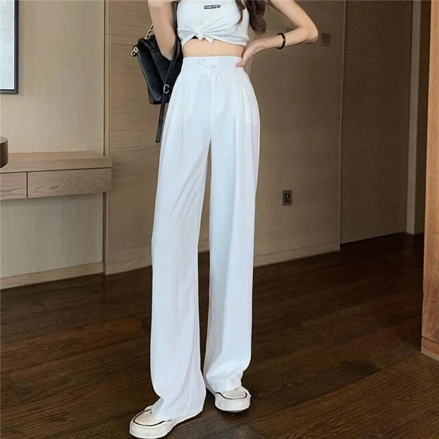 Dam Byxor - Hög Midja - Vida Ben - Elegant Skräddad Look - Veckade Framtill