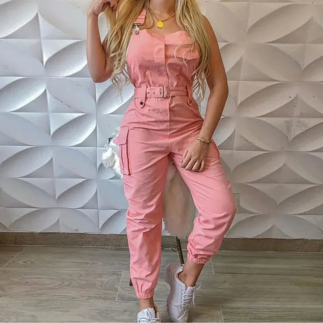 Dam Jumpsuit – Figursydd Passform – Ärmfri – Midjebälte – Cargo Fickor – Avsmalnande Ben