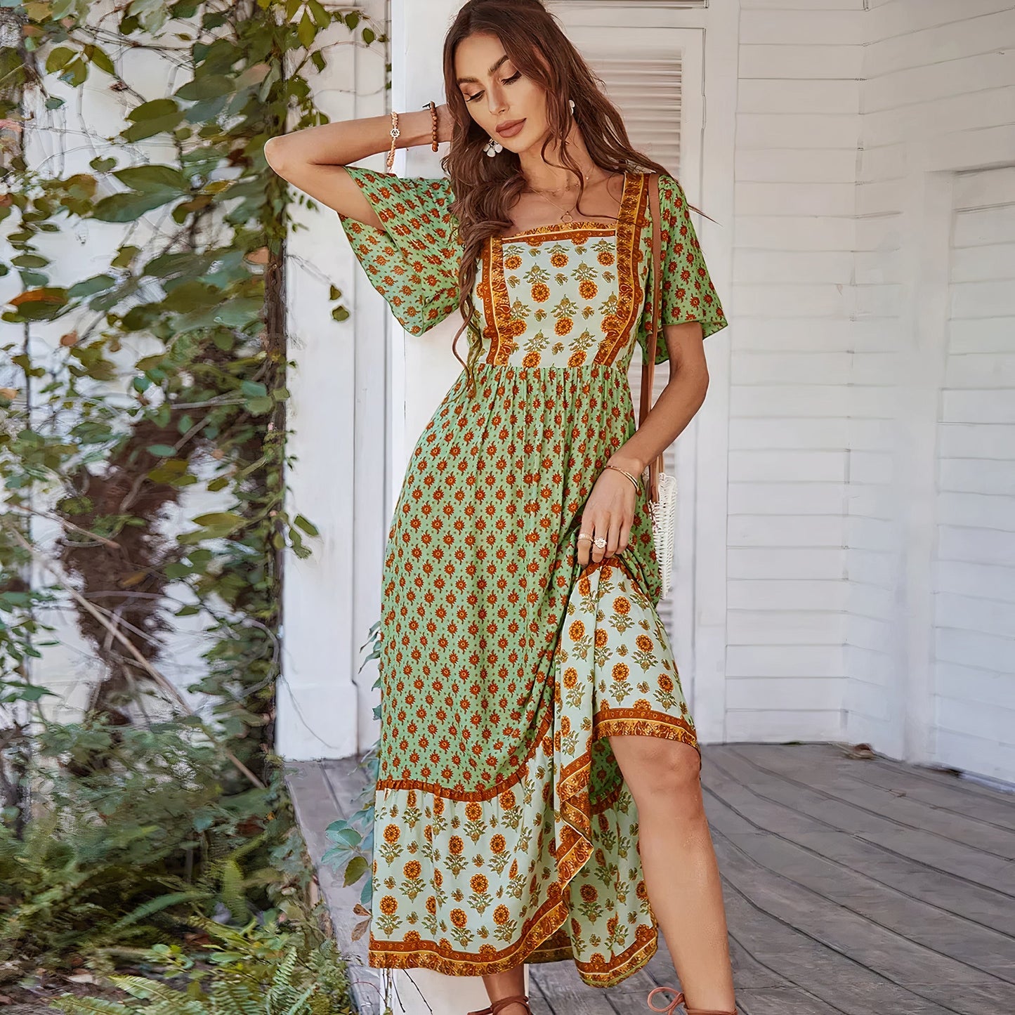 Dam Klänning - Bohemisk Stil - Blommigt Mönster - A-linje - Fyrkantig Ringning