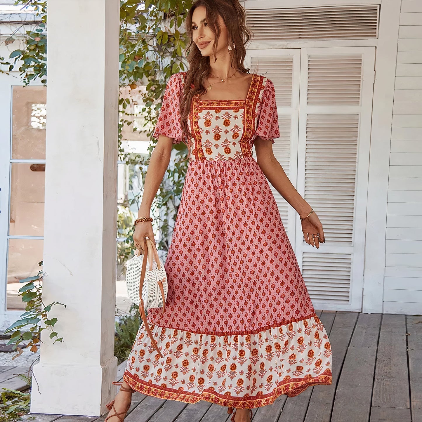 Dam Klänning - Bohemisk Stil - Blommigt Mönster - A-linje - Fyrkantig Ringning