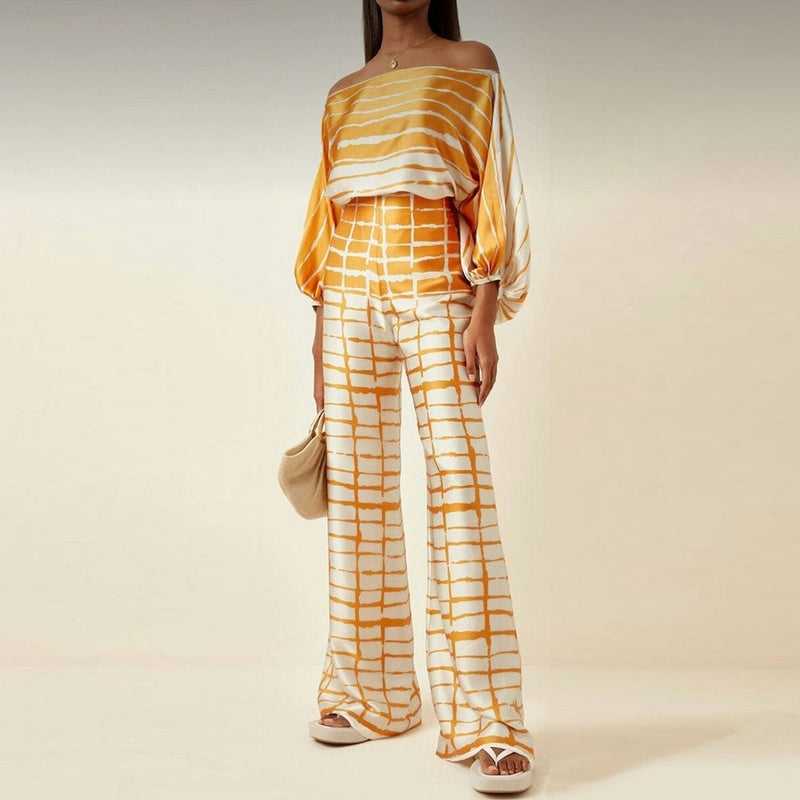 Set med blus och byxor för kvinnor - Relaxed Fit - Blus med en axel - Byxor med vida ben