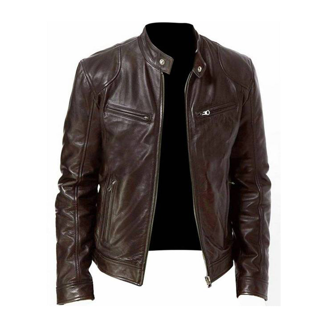 Herrjacka i Läder – Slim Fit – Ståkrage – Dragkedjefickor – Strukturerad Stil