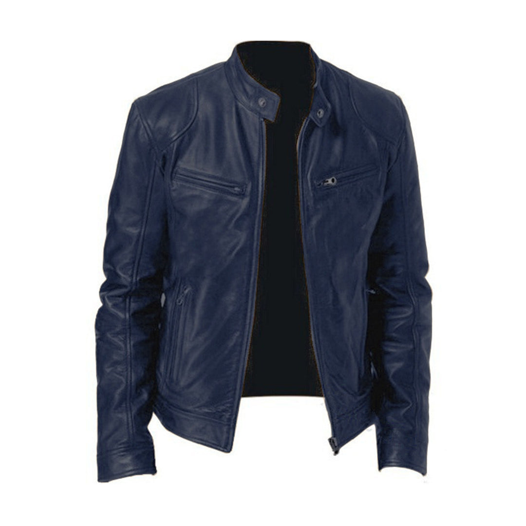 Herrjacka i Läder – Slim Fit – Ståkrage – Dragkedjefickor – Strukturerad Stil