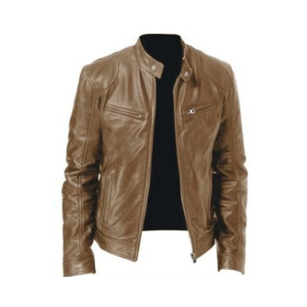 Herrjacka i Läder – Slim Fit – Ståkrage – Dragkedjefickor – Strukturerad Stil