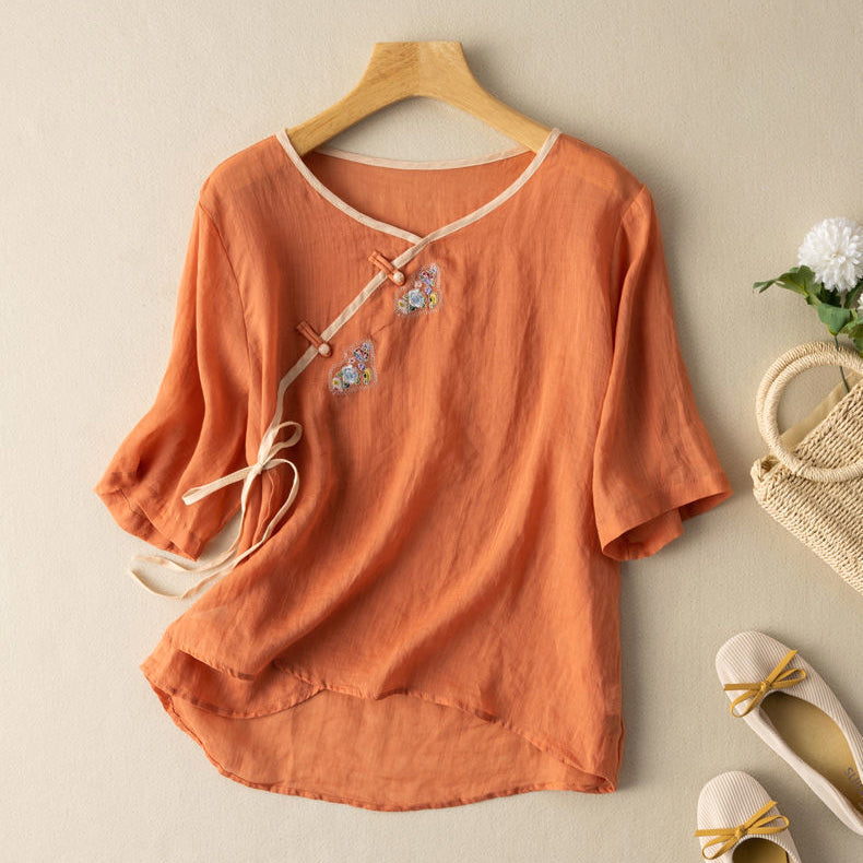Blus för dam – Lös passform – Broderad – Kort ärm – Naturfiber – Knytning fram