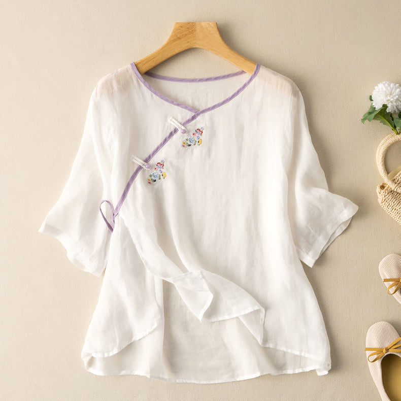 Blus för dam – Lös passform – Broderad – Kort ärm – Naturfiber – Knytning fram