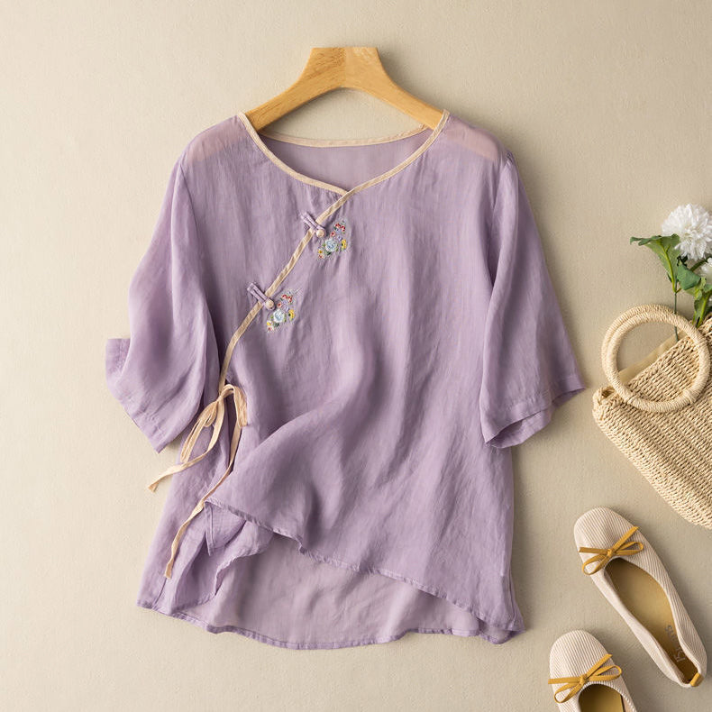 Blus för dam – Lös passform – Broderad – Kort ärm – Naturfiber – Knytning fram