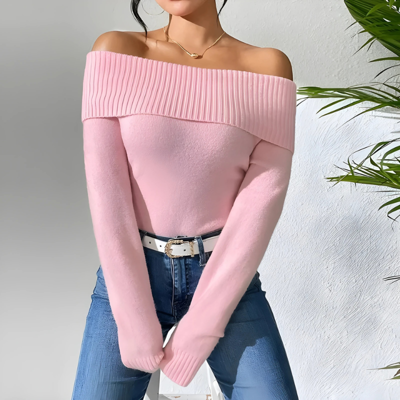 Damtröja – Off-Shoulder – Slim Fit – Lång Ärmslut med Ribbstickning – Mjuk Ullblandning