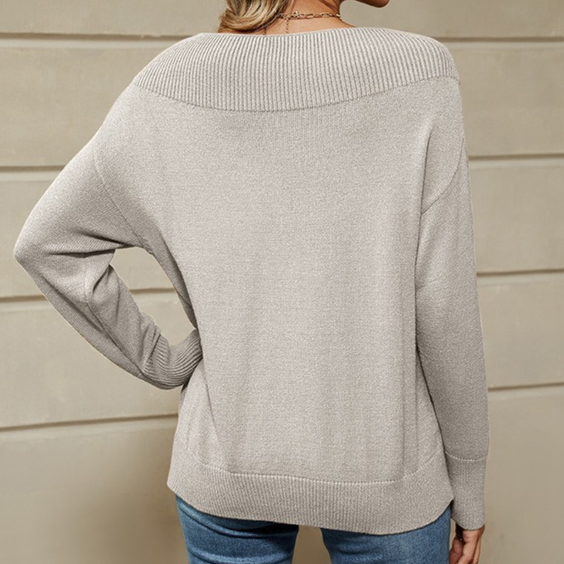 Damtröja – Stickad Pullover – Lös Passform – Ribbad Båthals – Lång Ärmlängd