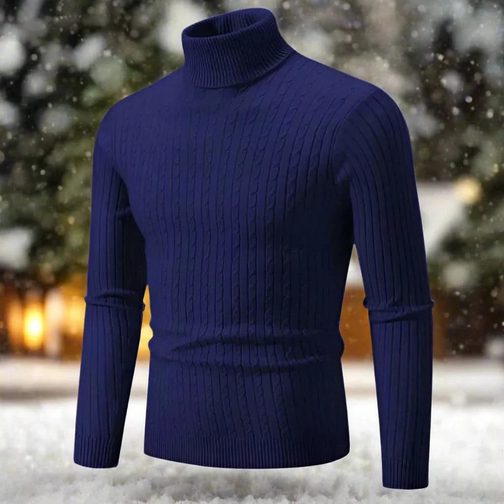 Herr Polotröja - Kabelstickad - Slim Fit - Långärmad Varm och Stilren