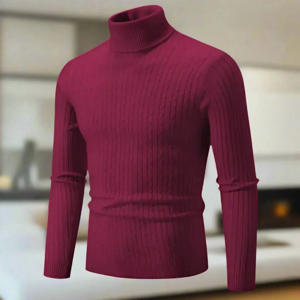 Herr Polotröja - Kabelstickad - Slim Fit - Långärmad Varm och Stilren