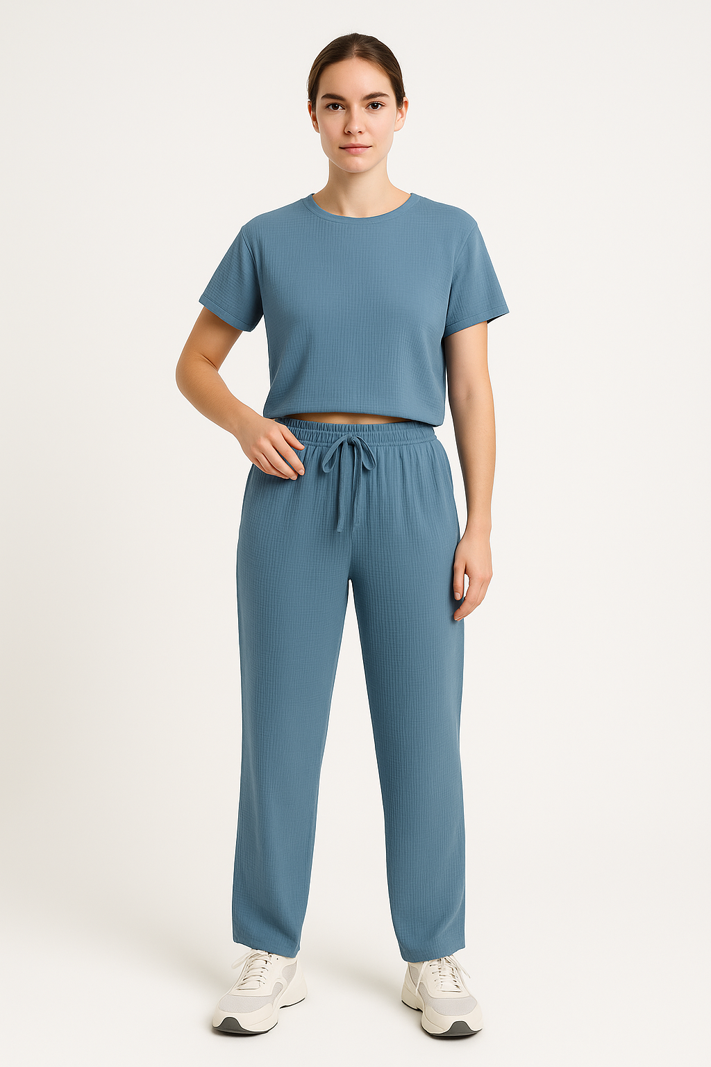 Dam Lounge Set – Kortärmad Topp – Croppad Passform – Vida Byxor – Mjuk Andningsbar Textil