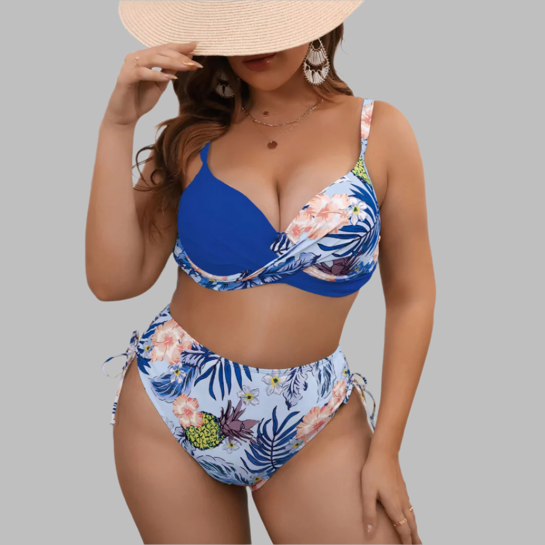 Dam Bikini Set – Twistfront Top – Hög Midja – Justerbara Band – Tropiskt Mönster