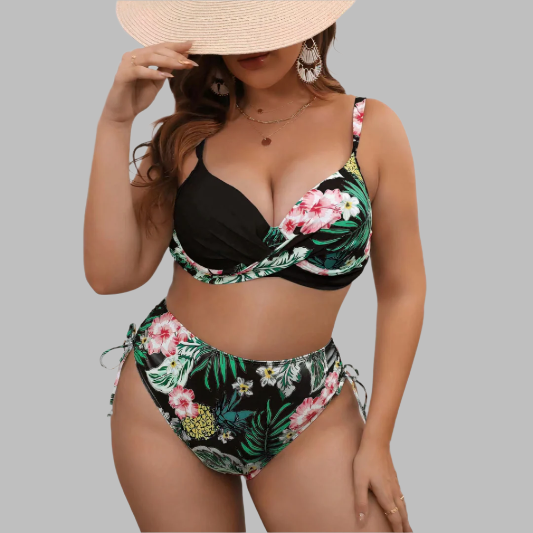 Dam Bikini Set – Twistfront Top – Hög Midja – Justerbara Band – Tropiskt Mönster
