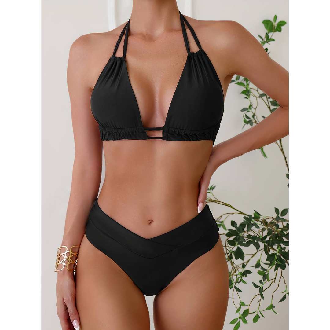 Dam Bikini Set – Halterneck Topp – Hög Midja V-Skuren – Smickrande Passform – Stretchigt Andningsbart Material