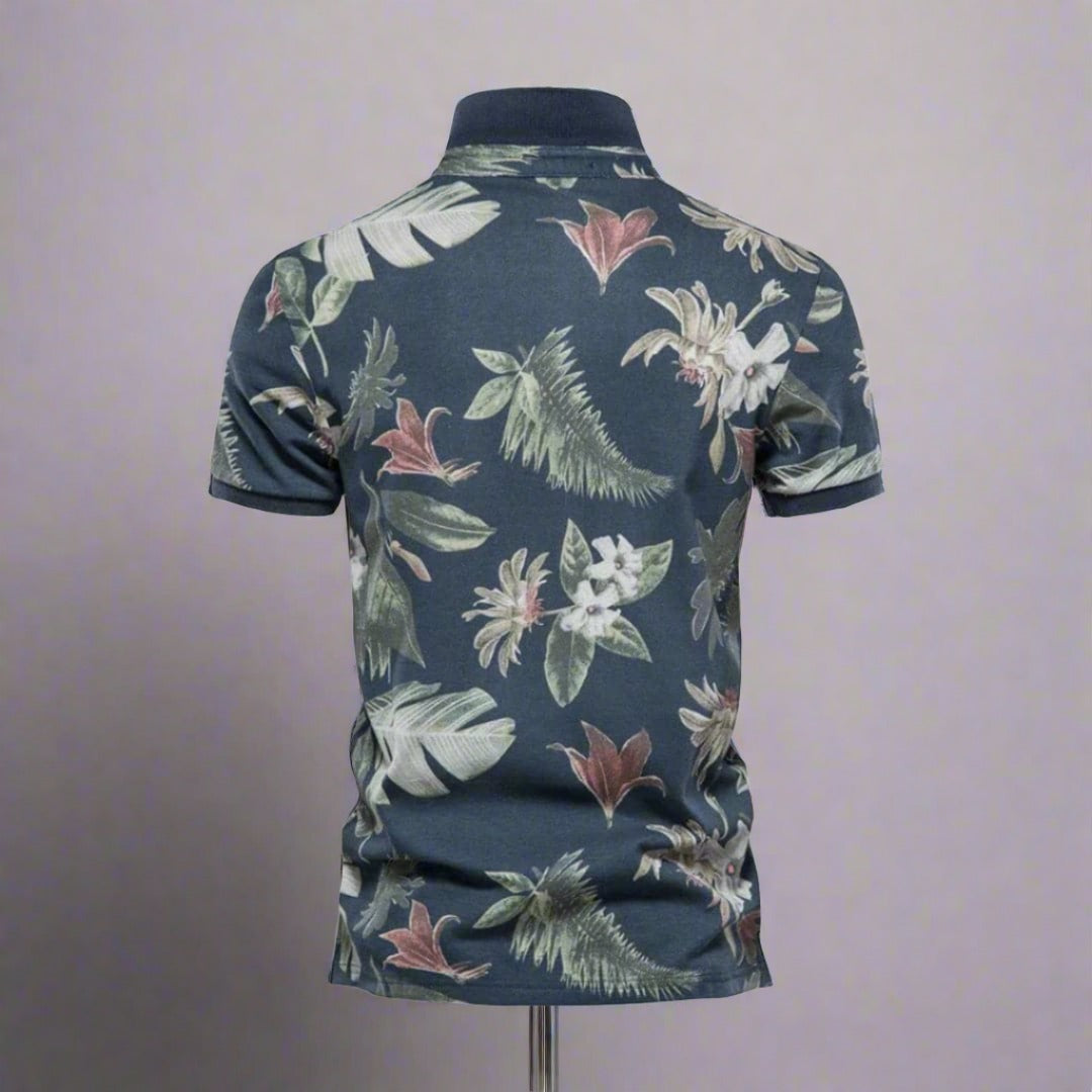 Herr Piké Polo - Andningsbar Bomull - Slim Fit - Tropiskt Blommönster - Kortärmad