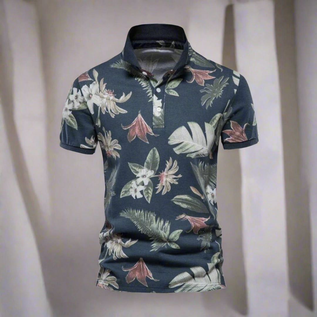 Herr Piké Polo - Andningsbar Bomull - Slim Fit - Tropiskt Blommönster - Kortärmad