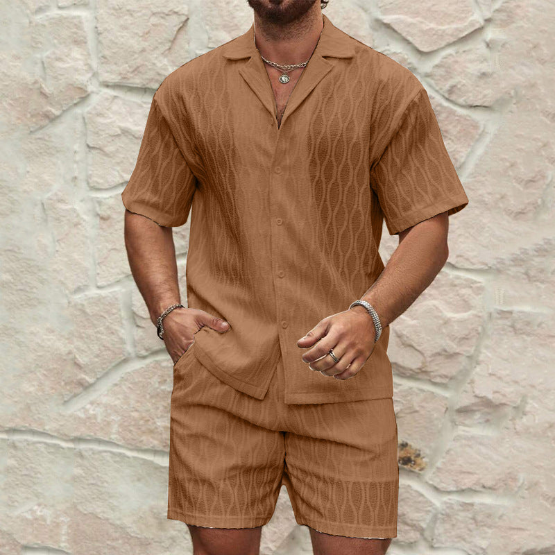 Herrset med skjorta och shorts – Avslappnad passform – Lätt bomull – Texturerad design