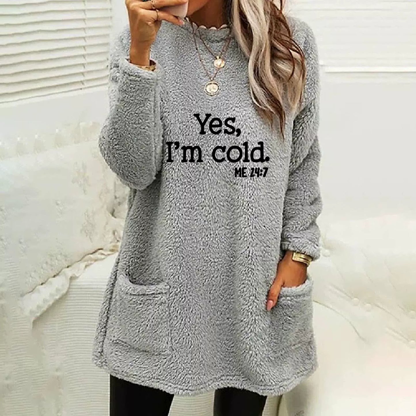 Dam sweatshirt – Oversize passform – Dubbelsidig fleece – Lång ärm – Bokstavstryck – Fickor