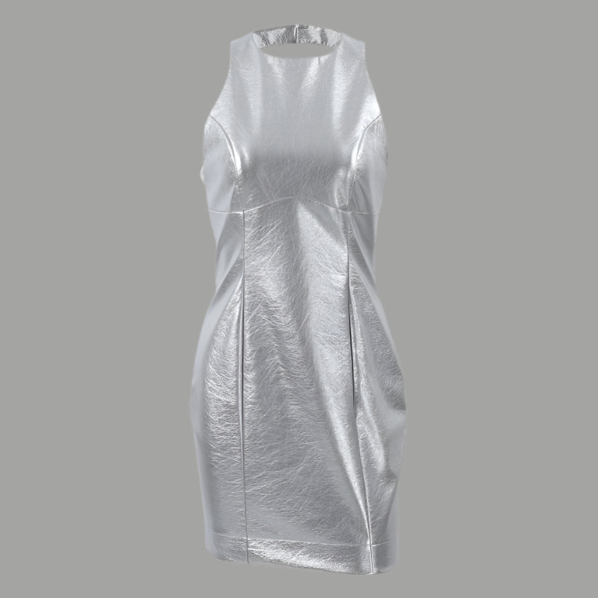 Damklänning – Bodycon PU-läder – Ärmös – Rund Hals – Mini – Figurnära Passform