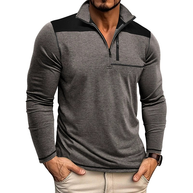 Herrtröja – Slim Fit – Mjukstickad – Halvdragkedja – Kontrastpanel – Lång ärm