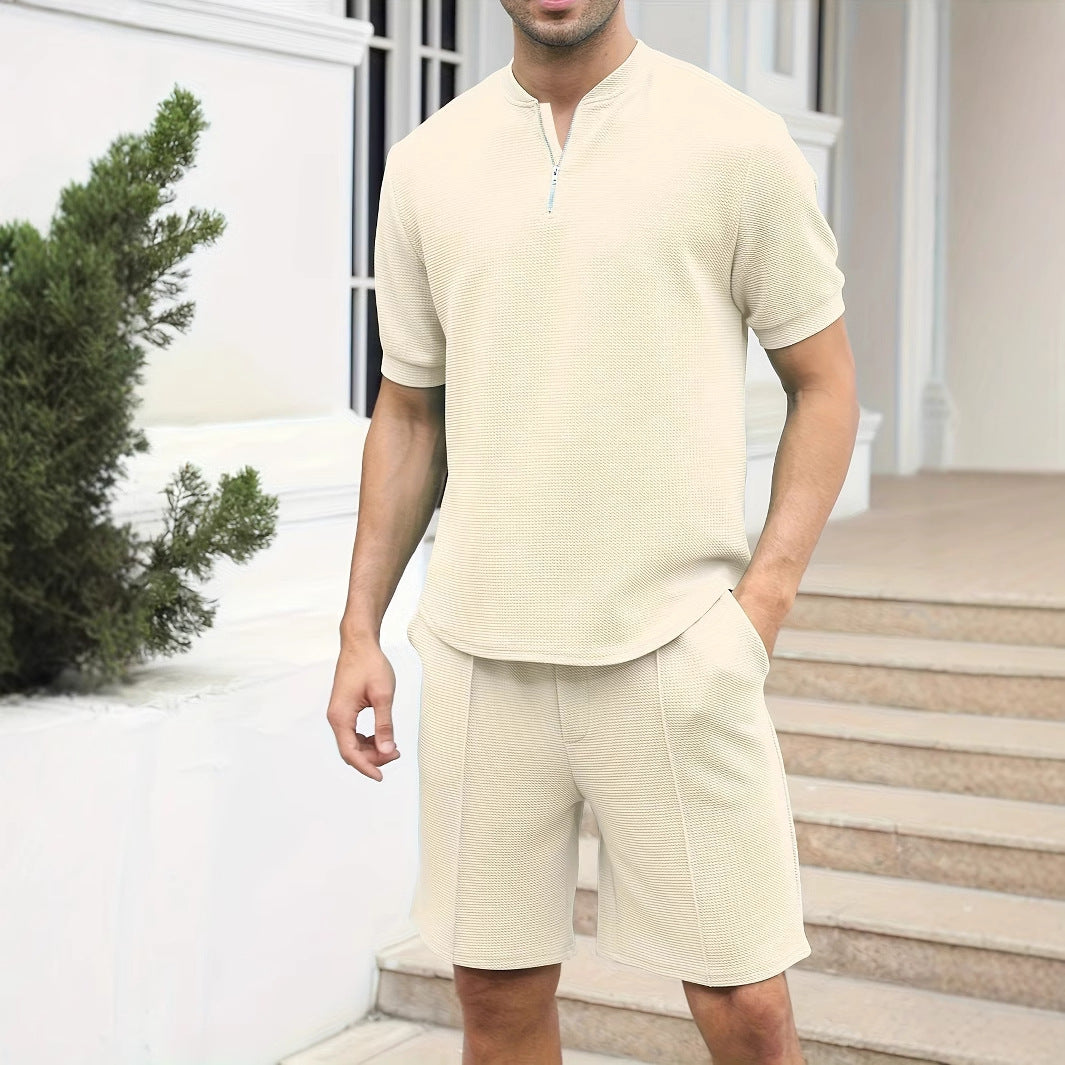 Herrset med zip-tröja och shorts – Avslappnad passform – Lätt och andningsbar waffle-knit