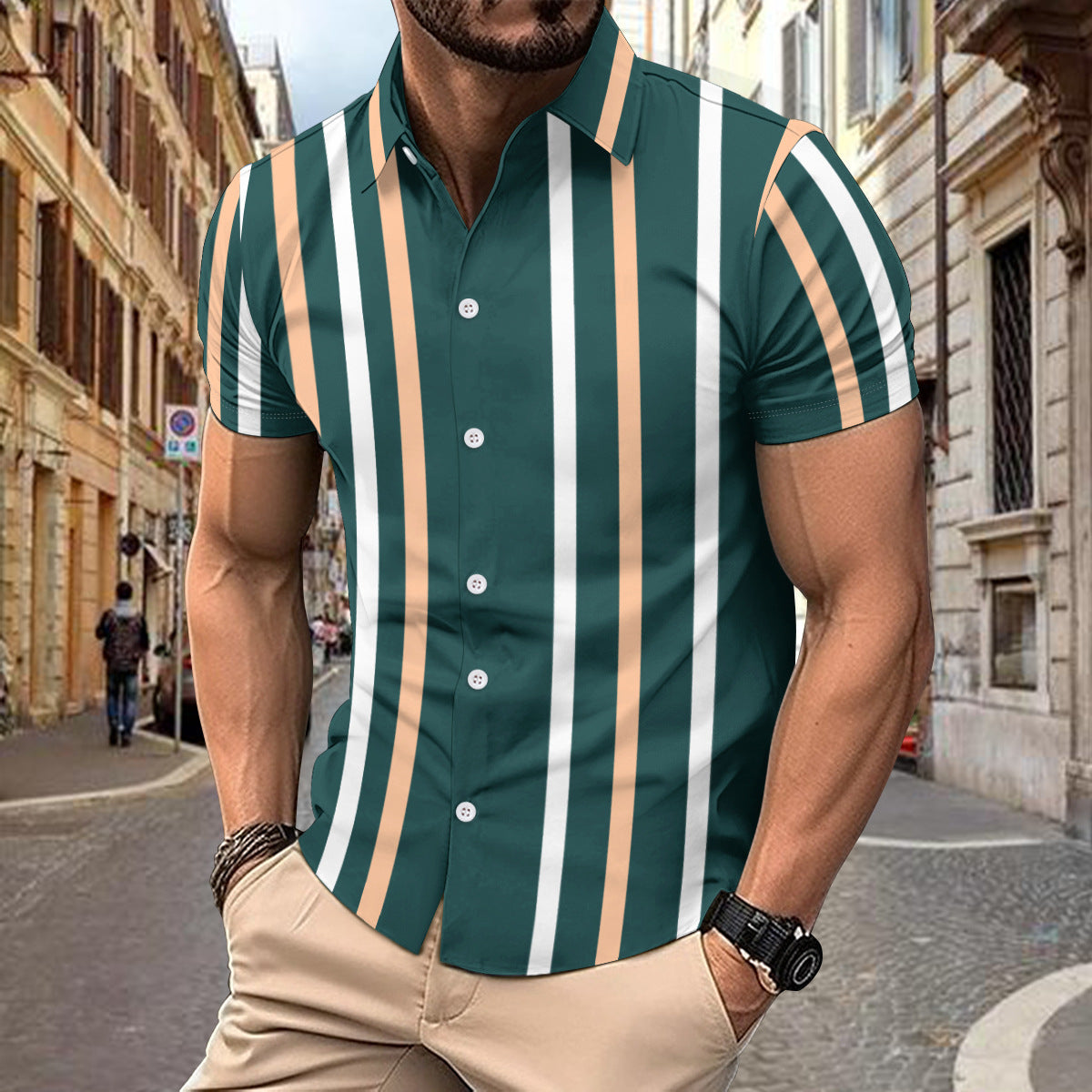 Herrskjorta kort ärm – Slim fit – Bomull – Vertikalt randig – Knappstängning