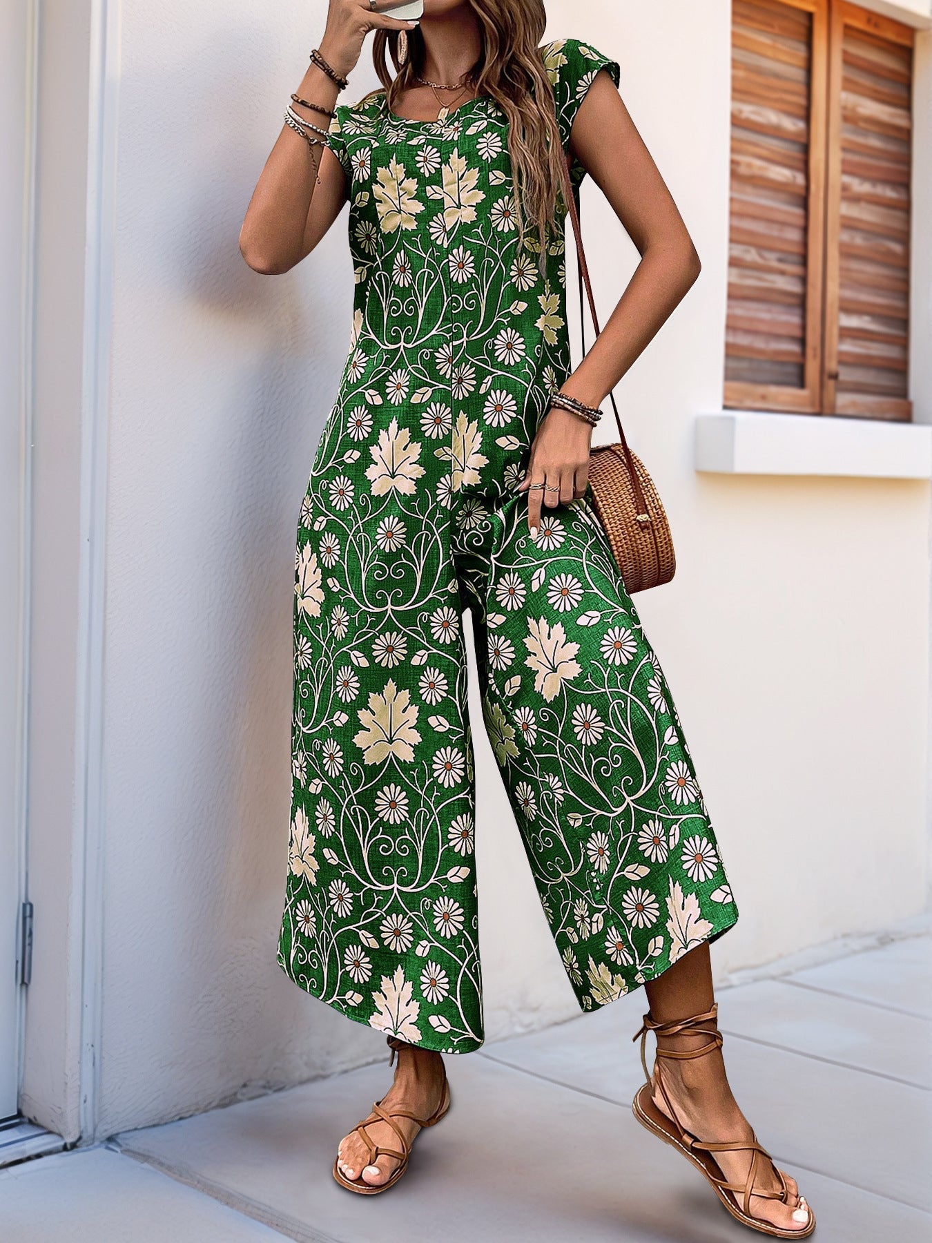 Dam Jumpsuit – Avslappnad Passform – Vida Ben – Kort Ärm – Blommig – Bomullsblandning