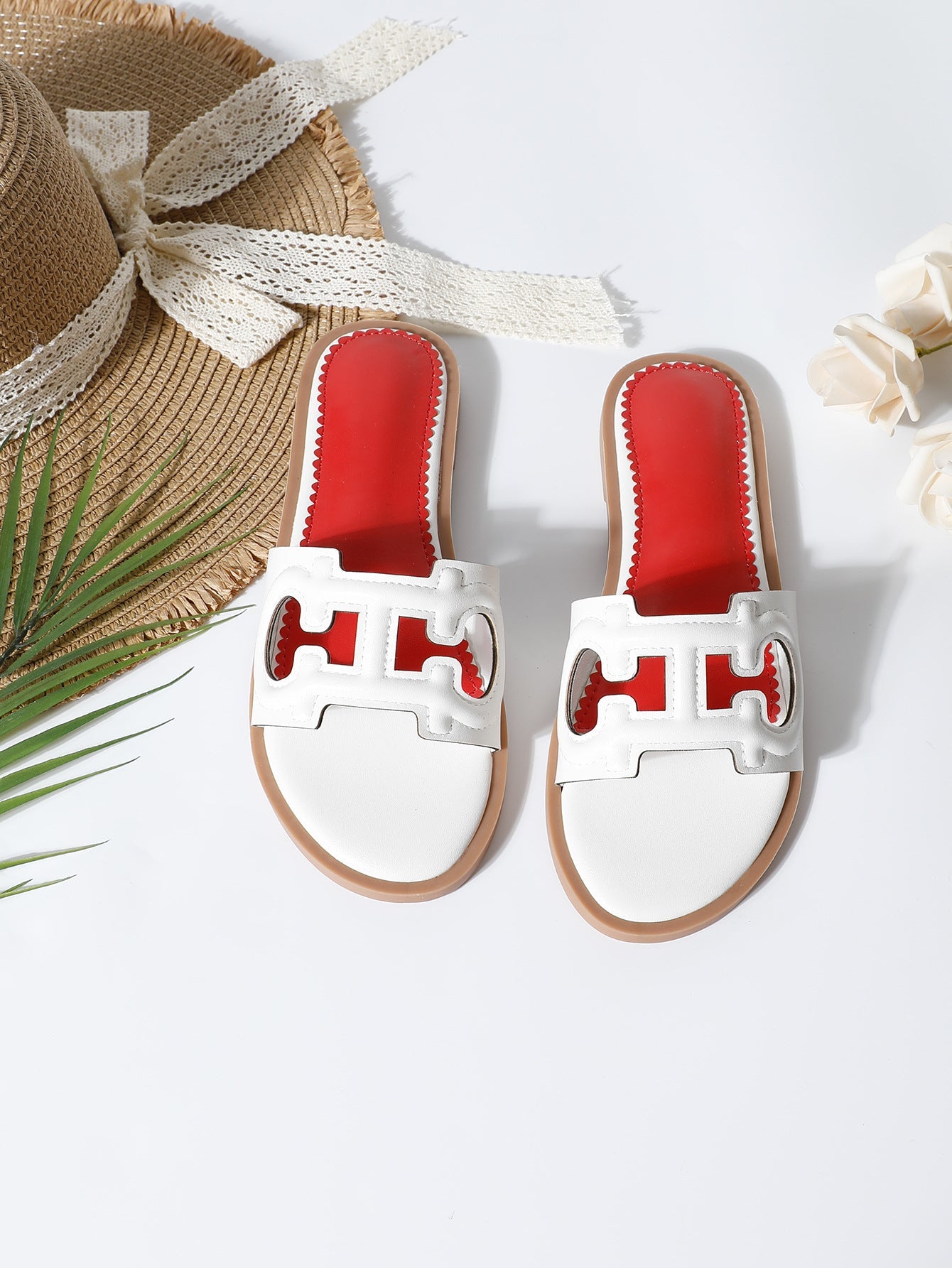 Dam Sandaler – Platt Sula – Öppen Tå – Utskuren Rem – Slip-On Vardagsstil