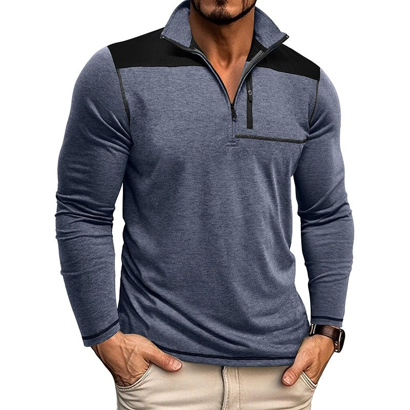 Herrtröja – Slim Fit – Mjukstickad – Halvdragkedja – Kontrastpanel – Lång ärm