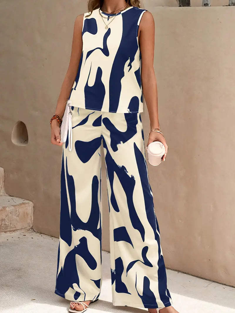 Damset – Ärmlös Topp & Vida Byxor – Avslappnad Passform – Luftigt Tyg