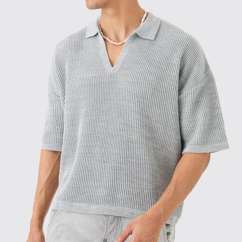 Herr T-shirt – Avslappnad Passform – Texturerad Stickning – V-ringning med Krage