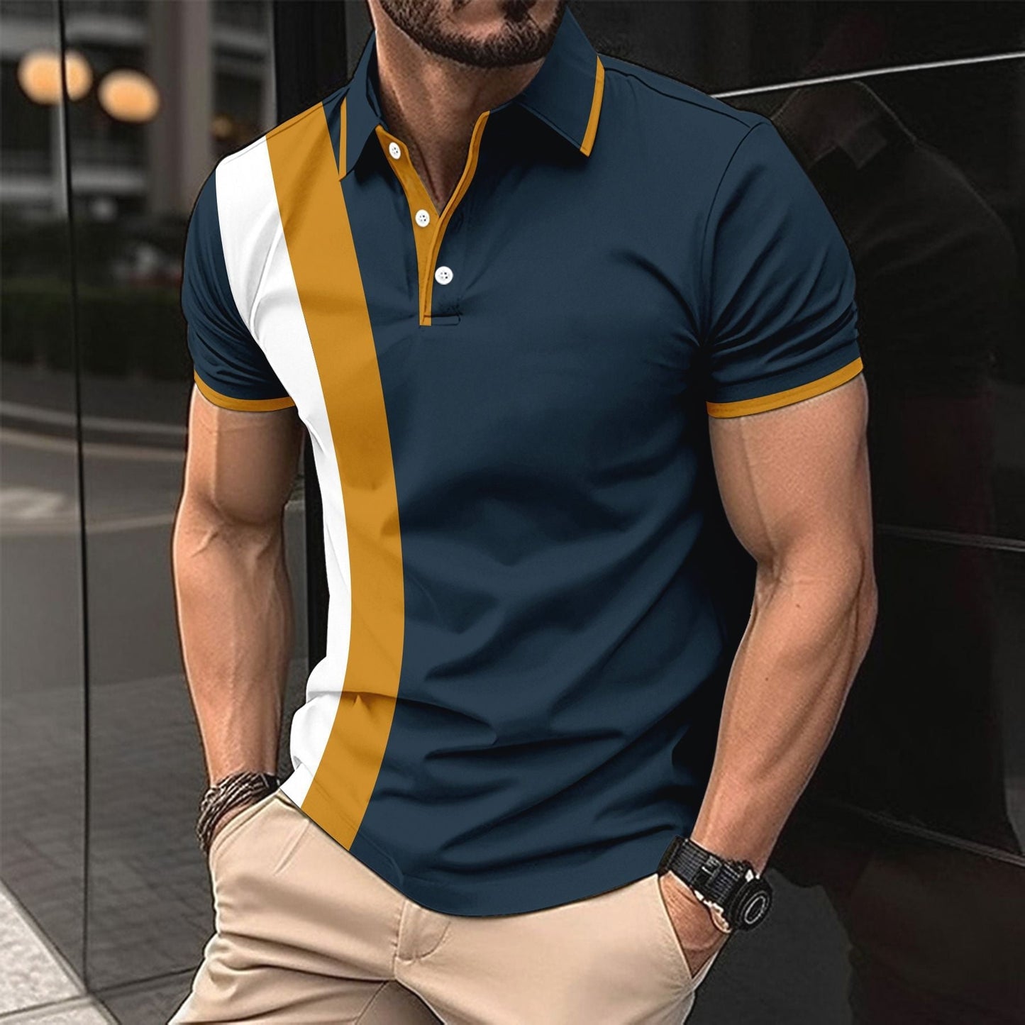 Herr Pikétröja – Slim Fit – Bomullsblandning – Kort Ärm – Sportig Randdetalj