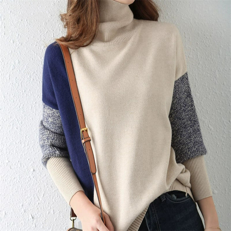 Damtröja – Lös Passform – Hög Krage – Stickad Struktur – Ribbad Kant och Manschett