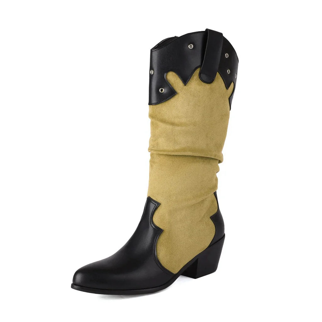 Damstövlar i Mocka och Läder – Slouchy Passform – Blockklack – Västern Detaljer