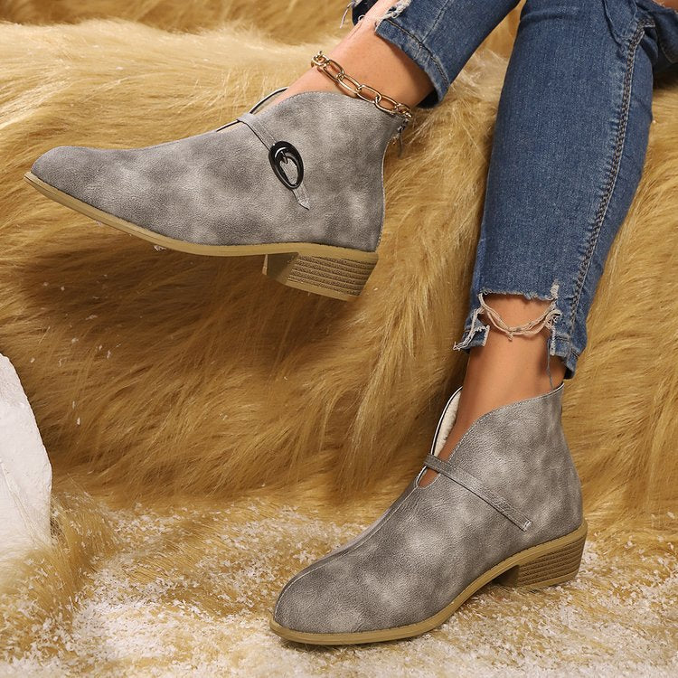 Dam Ankelboots – Pointed Toe – Spänndetalj – Låg Blockklack – Stilren Design