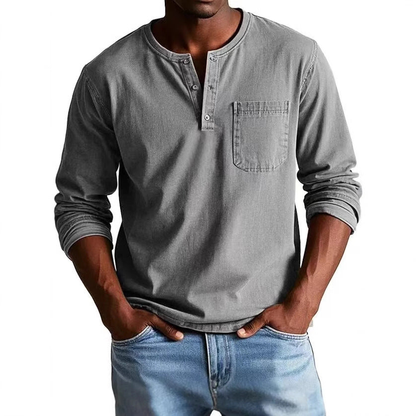 Herr långärmad t-shirt – slim fit – andningsbart tyg – knäppning – bröstficka