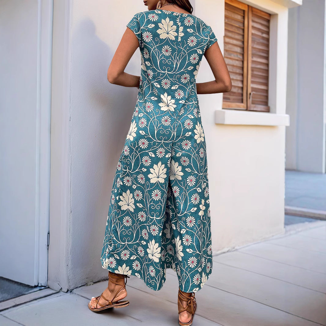 Dam Jumpsuit – Avslappnad Passform – Vida Ben – Kort Ärm – Blommig – Bomullsblandning