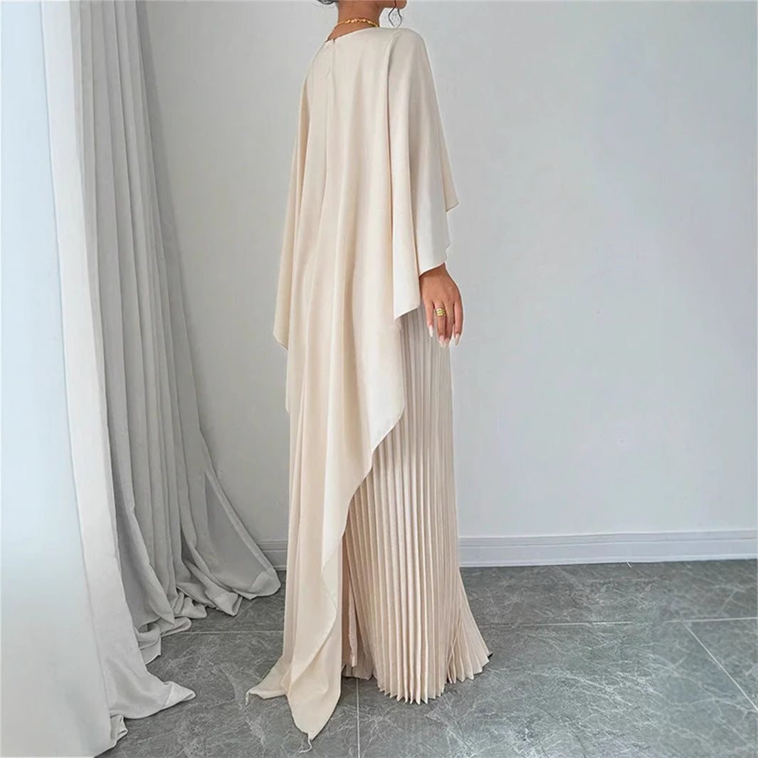 Damklänning Maxi – Veckad Design – Fladderärm – Hög Hals – Lös Passform
