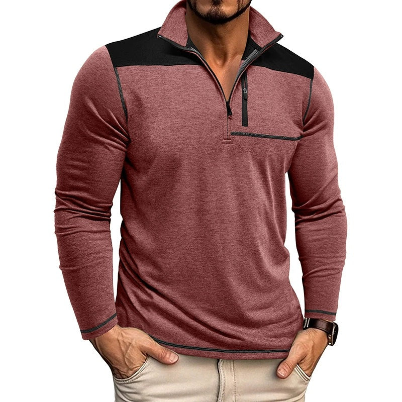Herrtröja – Slim Fit – Mjukstickad – Halvdragkedja – Kontrastpanel – Lång ärm