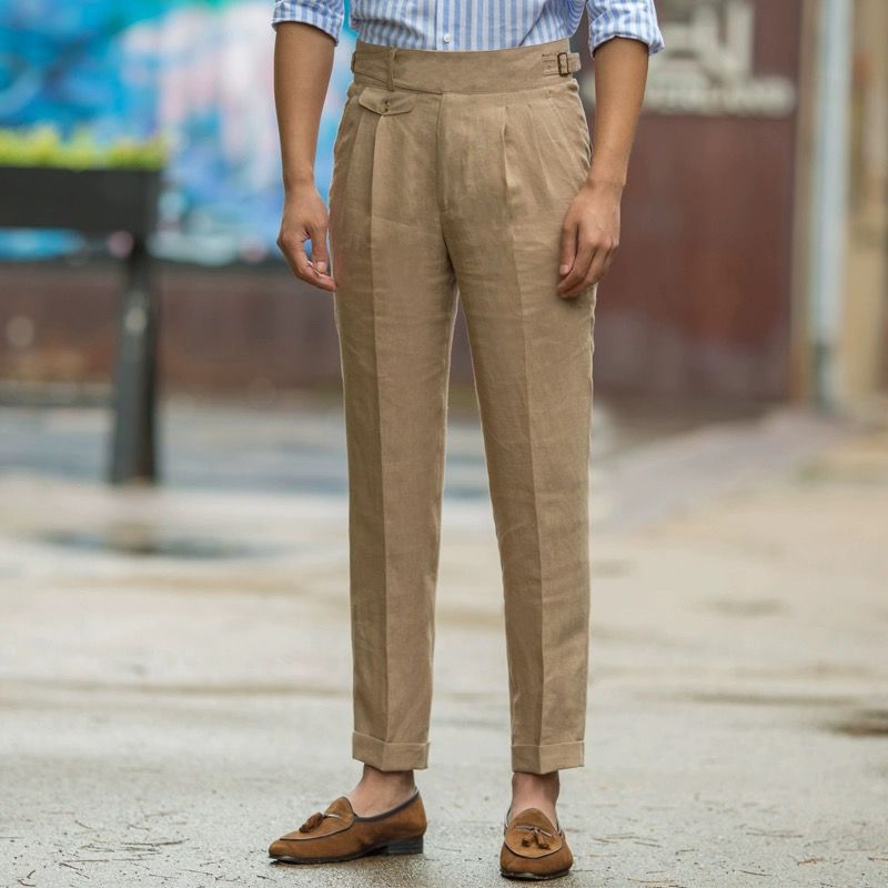 Herrbyxor – Slim Fit – Hög Midja – Pressveck – Justerbar Midja – Lätt Tyg