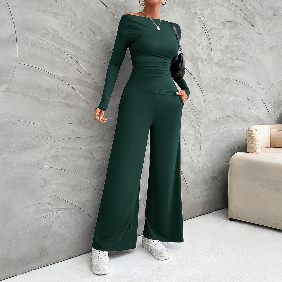 Dam Set – Slim Fit Långärmad Topp – Hög Midja Vida Byxor – Stretchig Bekväm Passform